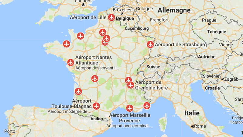 Международные аэропорты на карте Франции