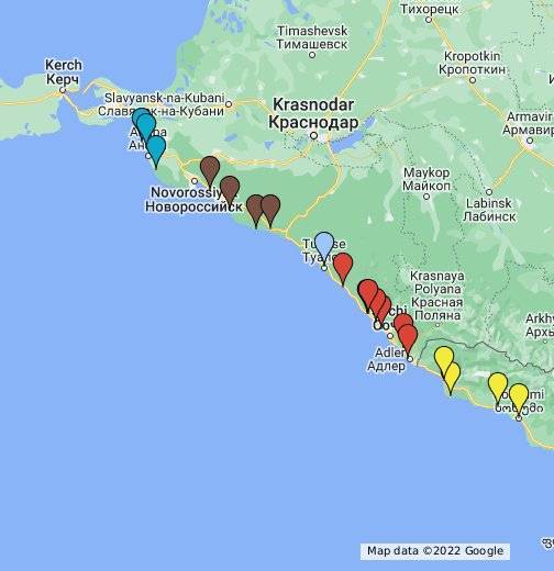 Карта курортов краснодарского края побережье