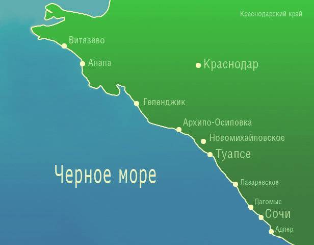 Отдых на черном море карта побережья россии с курортами подробная