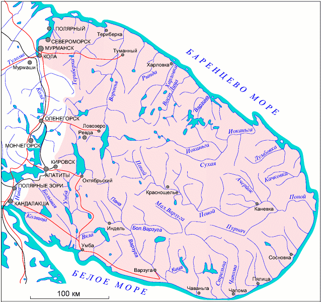 Карта кольского полуострова с городами и поселками и реками