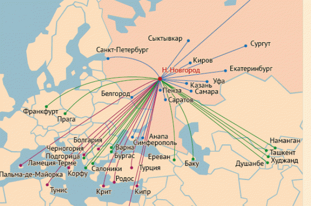 Куда можно улететь из Нижнего Новгорода прямым рейсом