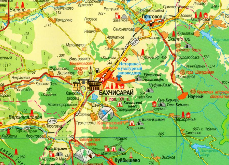 Где находится бахчисарайский. Бахчисарай на карте Крыма. Туристическая карта Бахчисарая. Бахчисарай достопримечательности на карте. Карта окрестностей Бахчисарая.