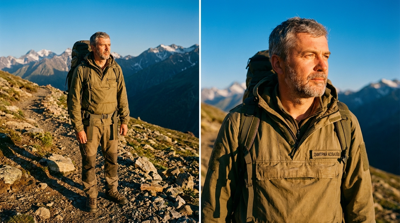 Дмитрий Ковалёв — портрет автора в походной одежде на фоне горных троп