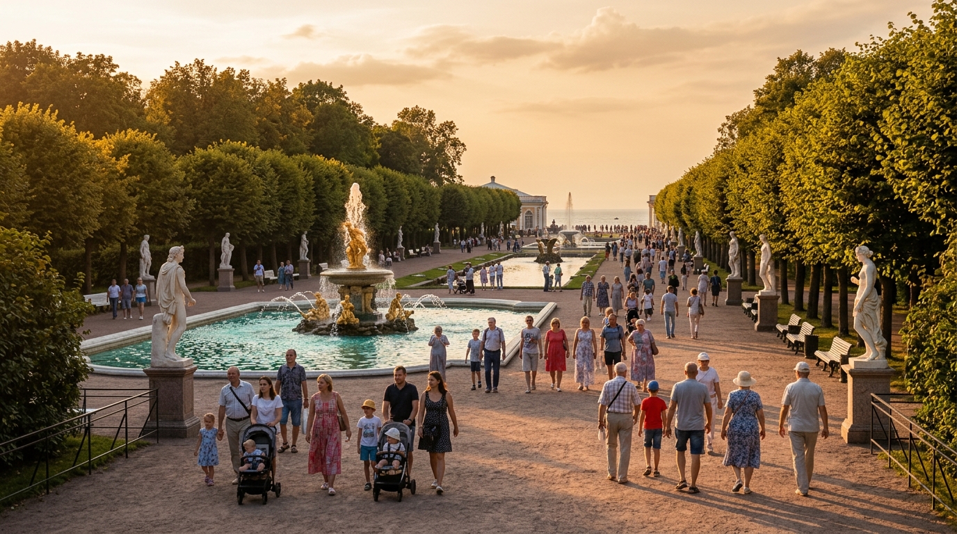 Посетители прогуливаются по аллеям Нижнего парка Петергофа у фонтанов и скульпту=