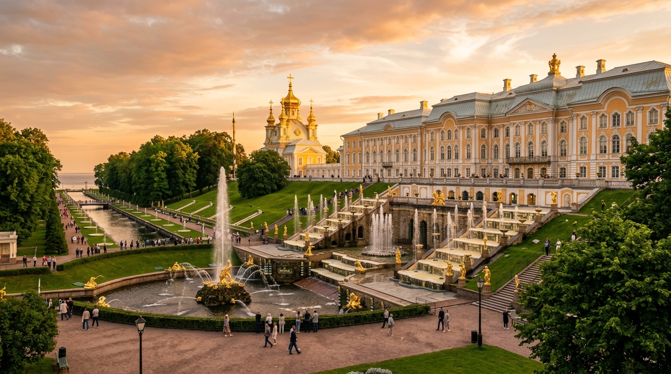 Большой дворец Петергофа с золотыми куполами на фоне парка