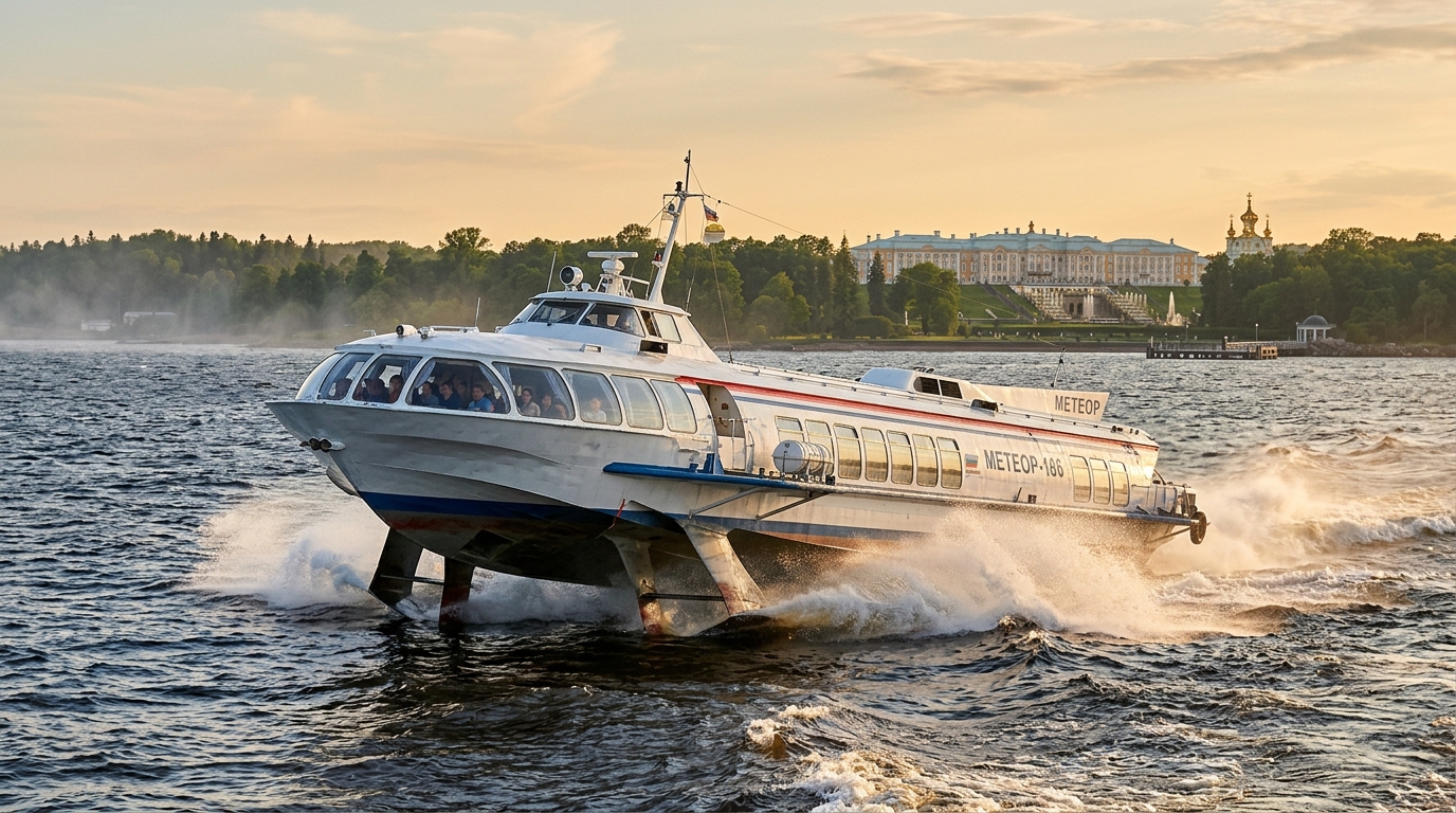 Скоростное судно метеор плывет по Финскому заливу к Петергофу с видом на берег