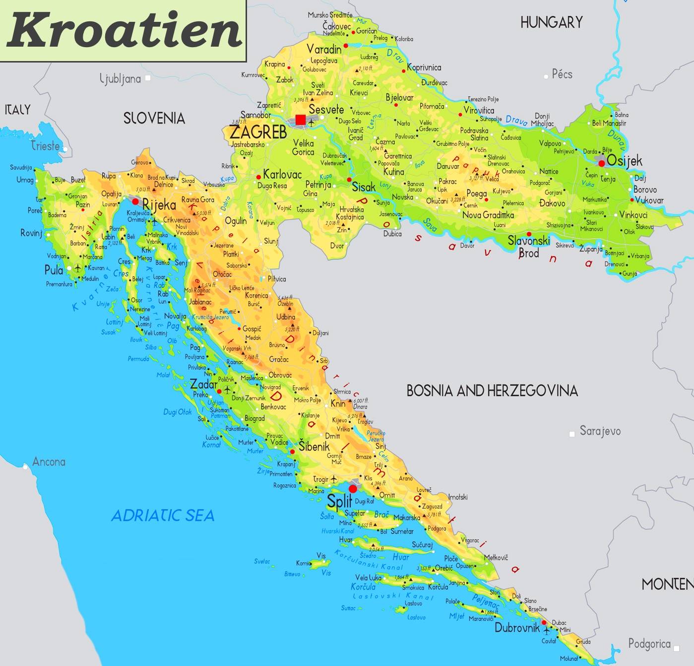 Аэропорты хорватии на карте, список аэропортов хорватии