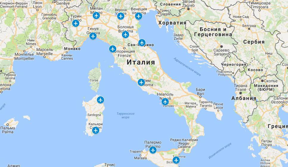 Международные аэропорты Италии на карте