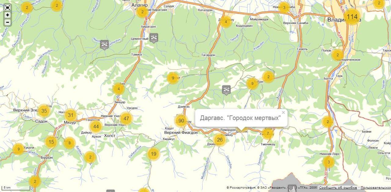 Карта достопримечательностей северной осетии