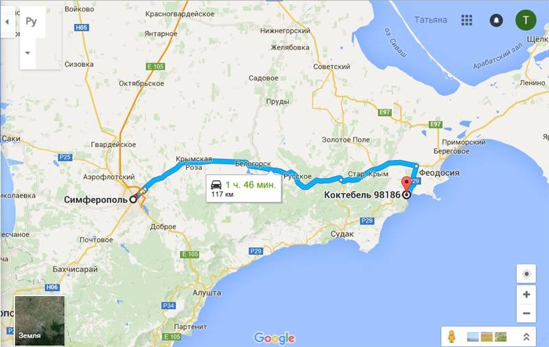 Крым расстояние от аэропорта симферополь до феодосии
