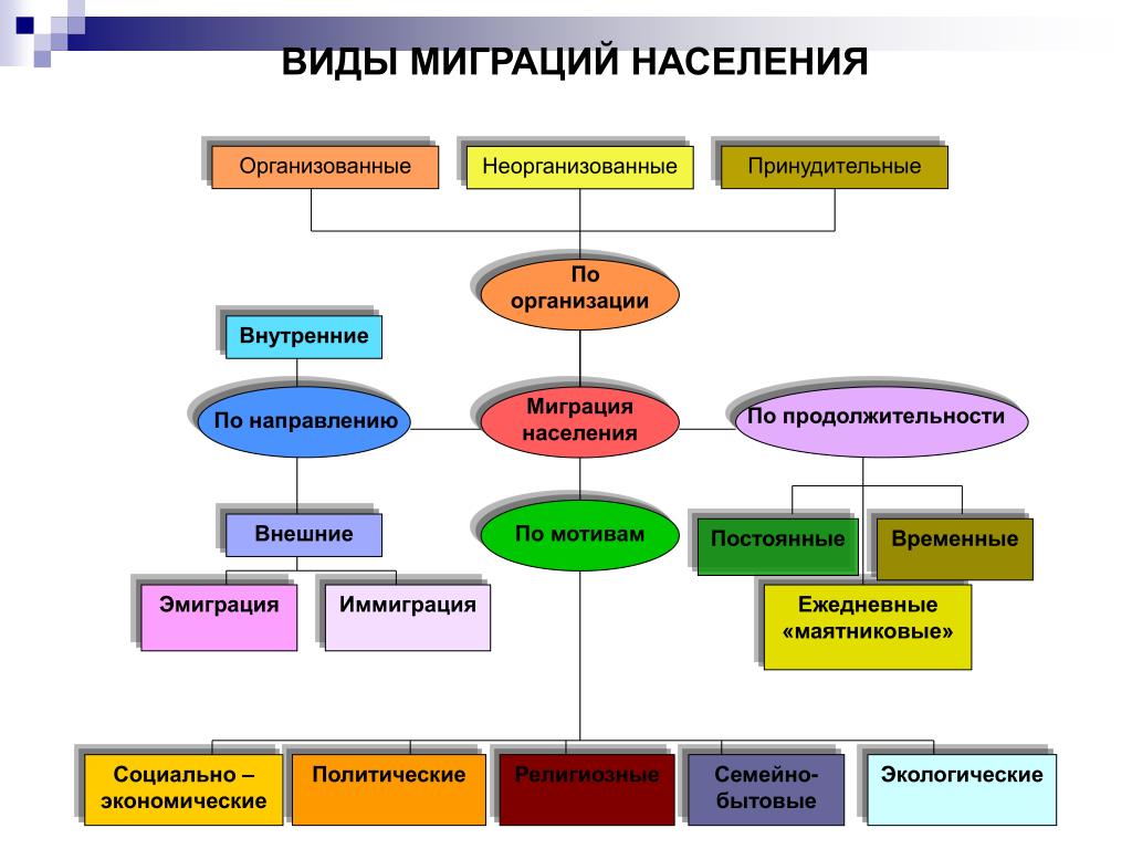 Назовите виды миграции населения их причины и характер отразите это на схеме