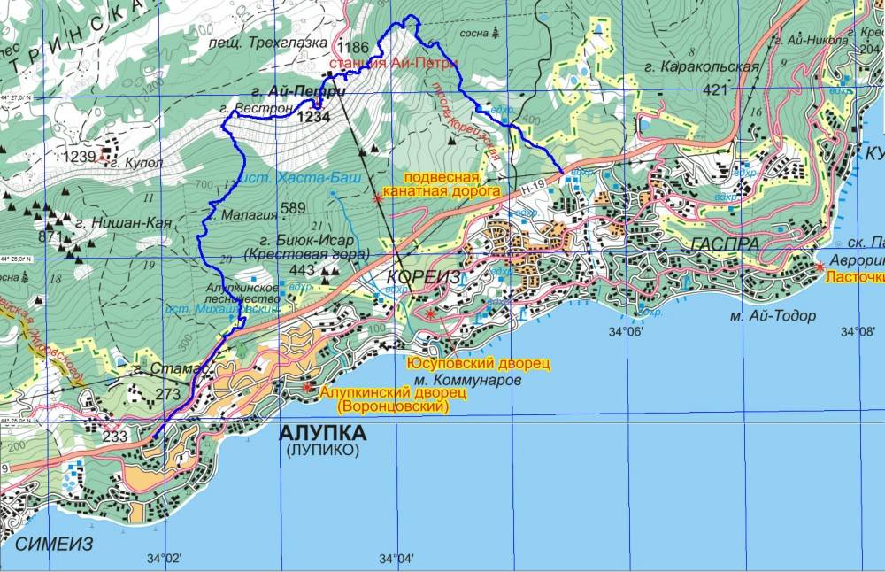 Карта алупки с улицами и домами подробно расстояние до моря в метрах