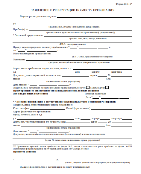 Заявление о регистрации по месту пребывания: бланк и образец заполнения формы №1 на временную прописку