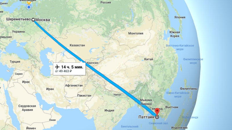 Расстояние до таиланда на самолете время перелета