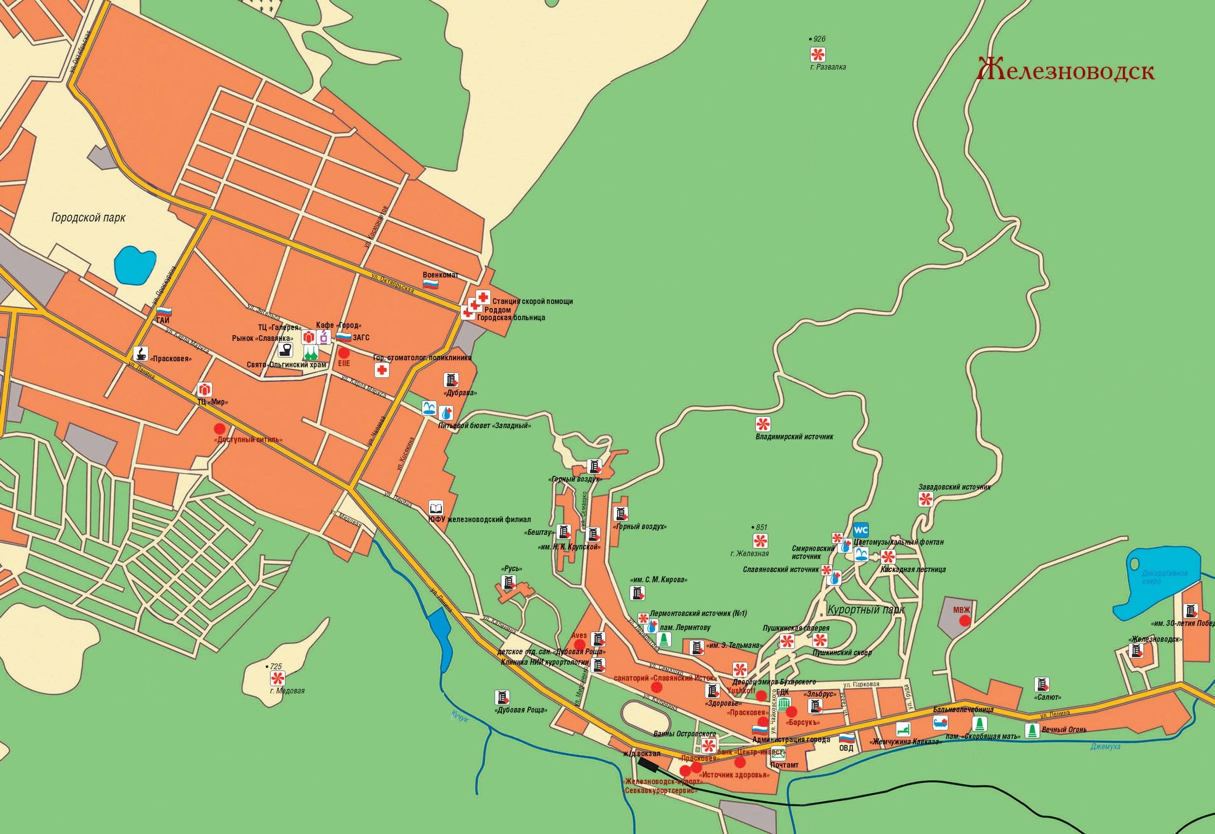 Карта железноводска с достопримечательностями и улицами