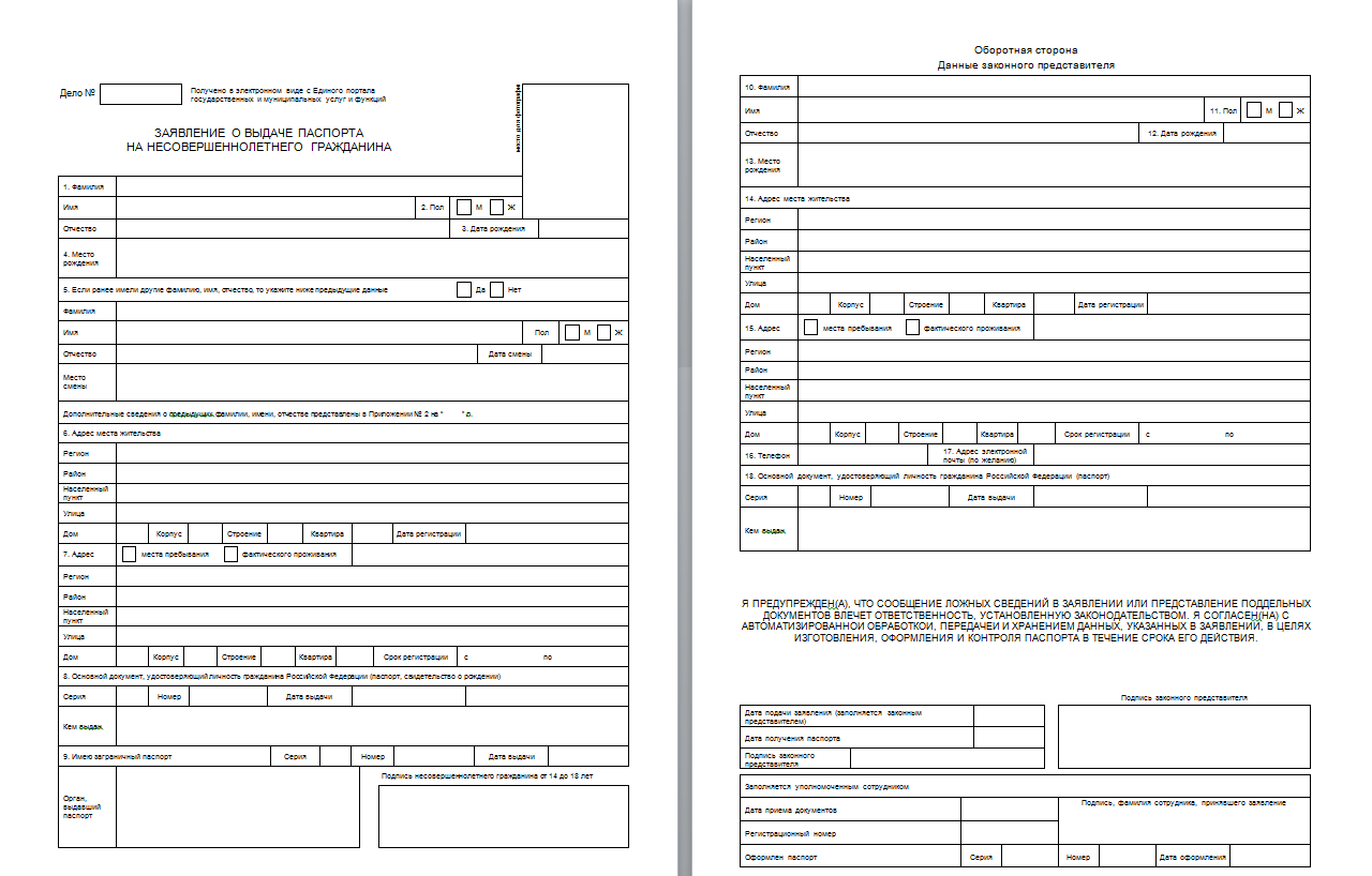Заявление на выдачу паспорта несовершеннолетнего гражданина образец