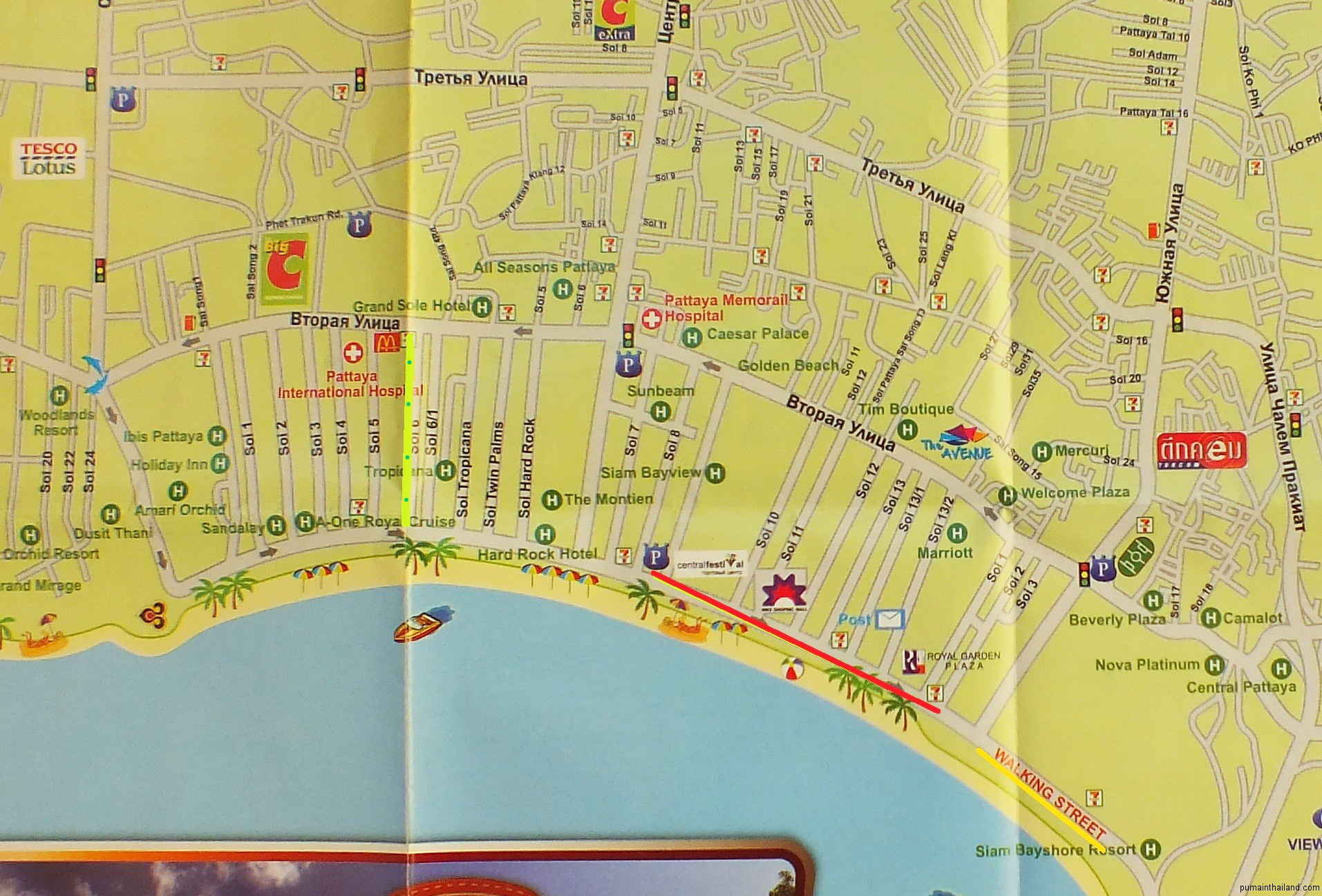 Рынки в паттайе на карте. Центр Паттайи на карте. Паттайя Джомтьен карта. Карта отелей центральной Паттайи. Карта Паттайи с отелями.