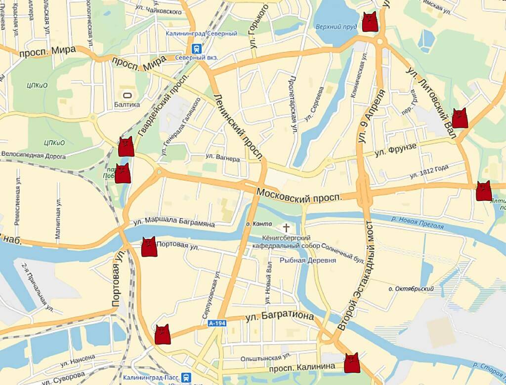 Карта калининграда с достопримечательностями и улицами домами для пешехода