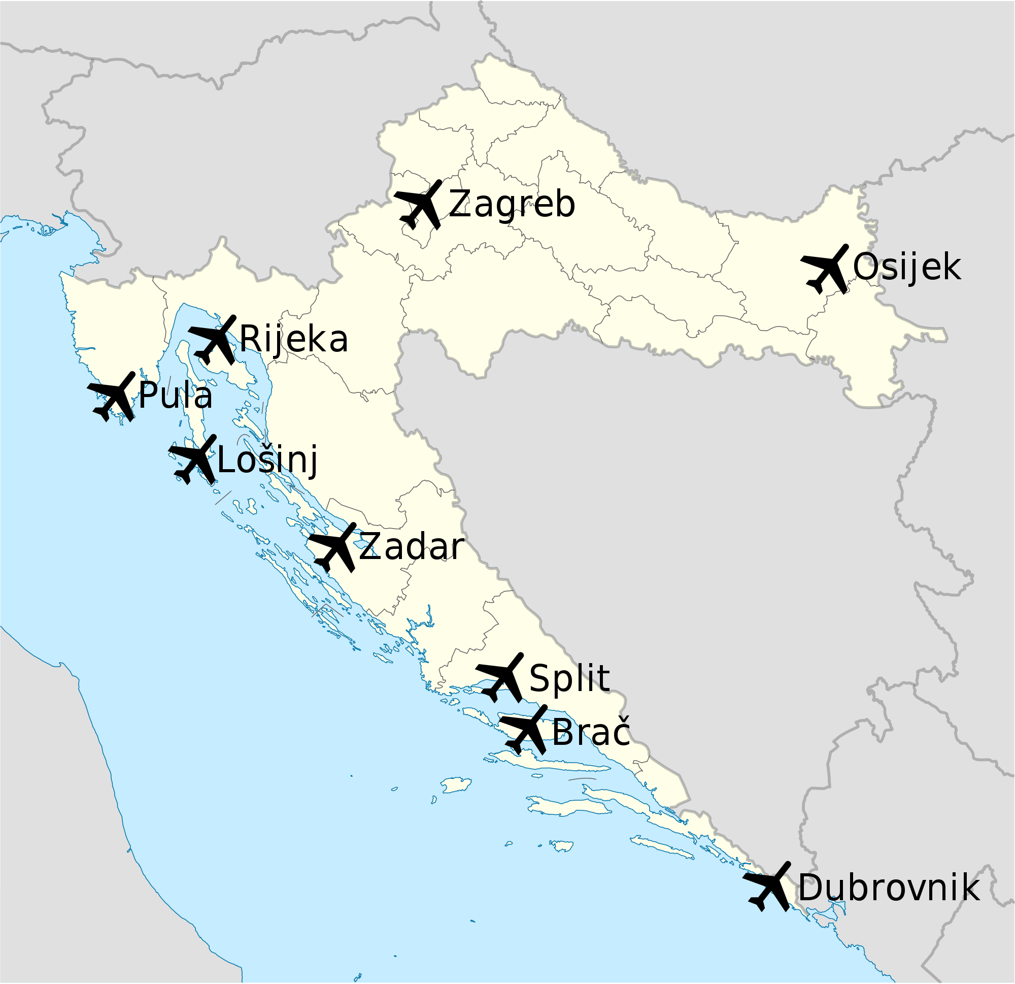 Аэропорты Хорватии на карте