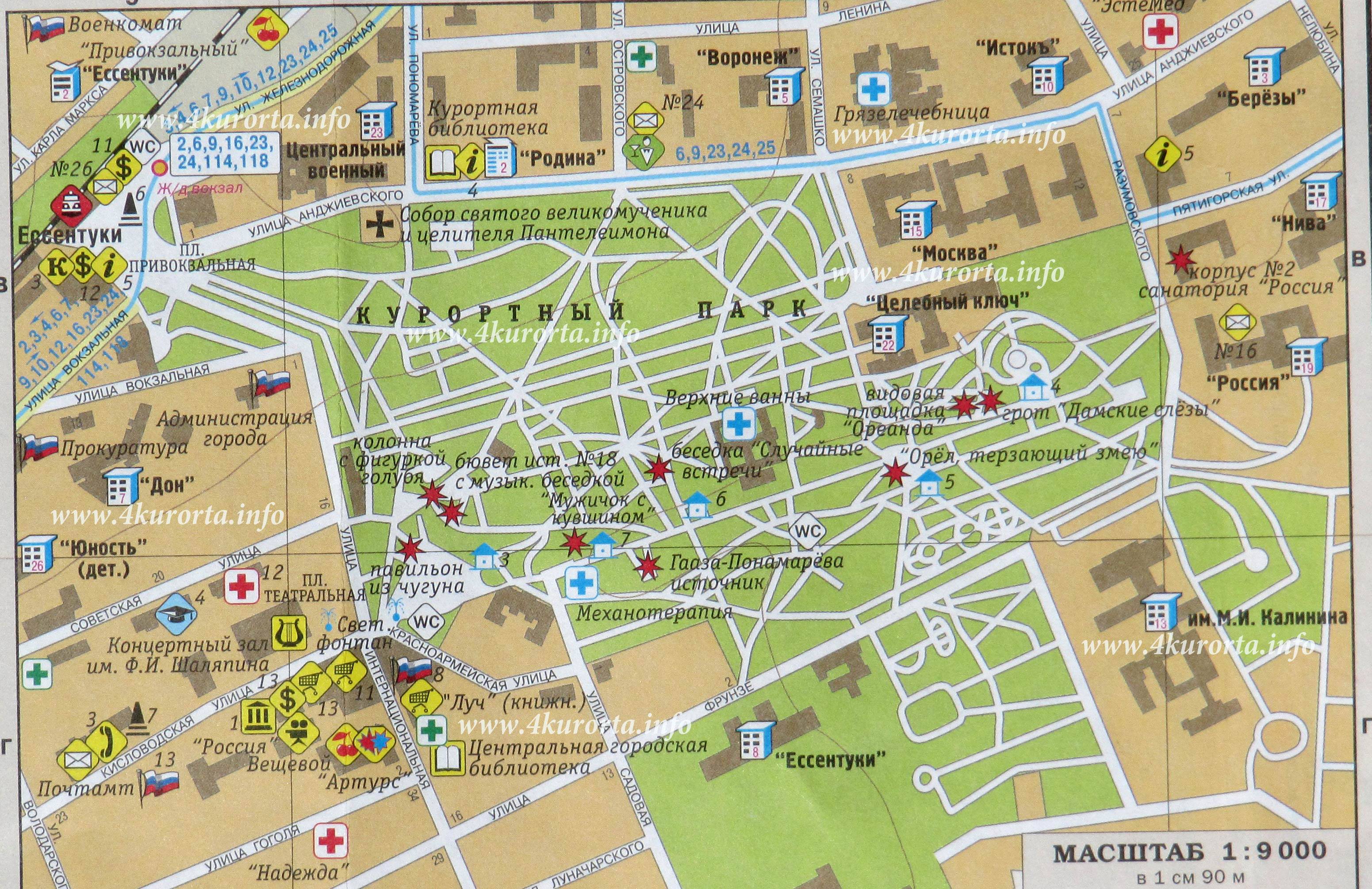 Ессентуки карта, санатории, улицы, источники, курортная зона, пансионаты, гостиницы
